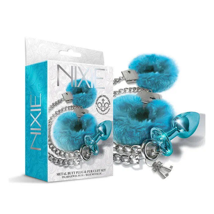 Nixie Metal Butt Plug Furry Handcuff Set MediumBlue Metallic Global Novelties LLC Anal