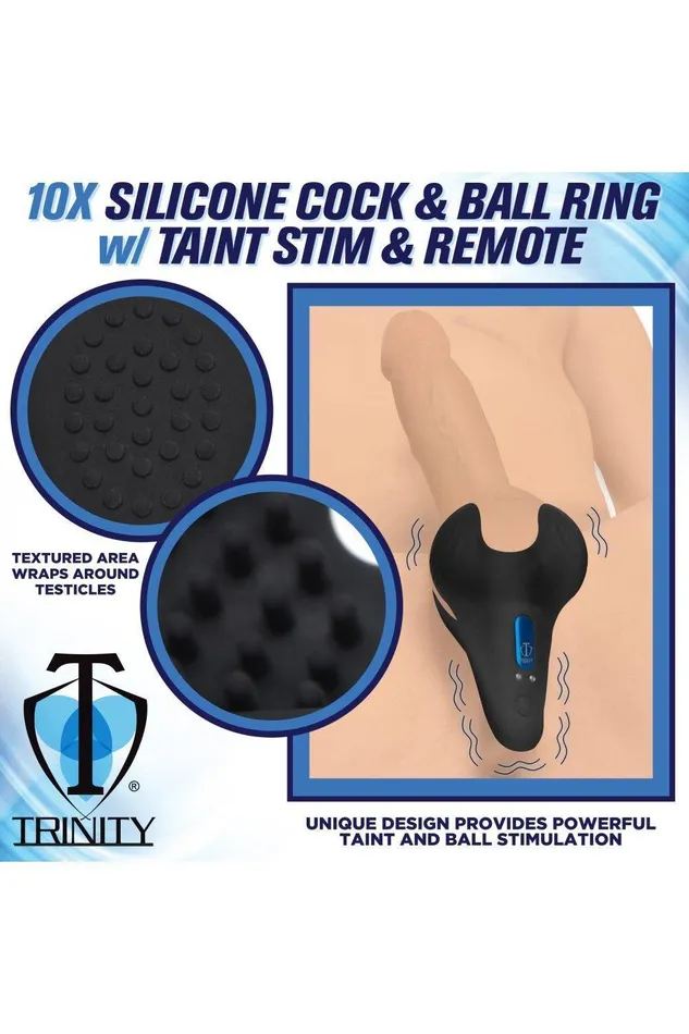 10X Vibrating Silicone Cock Ring with Taint Stim and Remote Sex On the Go Male Sex Toys