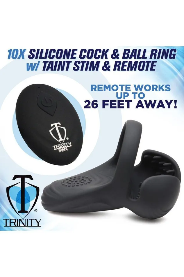 10X Vibrating Silicone Cock Ring with Taint Stim and Remote Sex On the Go Male Sex Toys