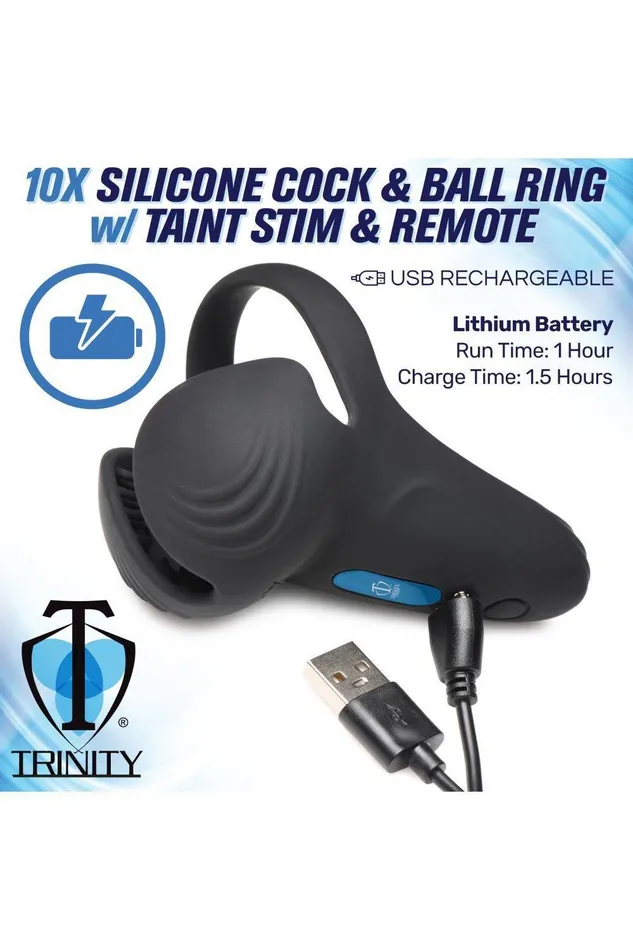 10X Vibrating Silicone Cock Ring with Taint Stim and Remote Sex On the Go Male Sex Toys