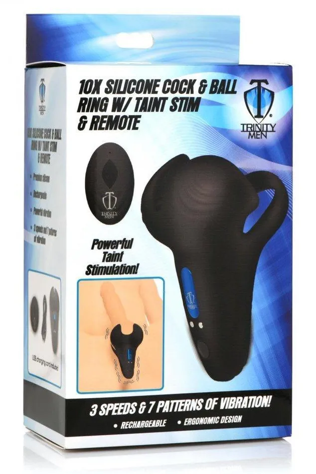10X Vibrating Silicone Cock Ring with Taint Stim and Remote Sex On the Go Male Sex Toys